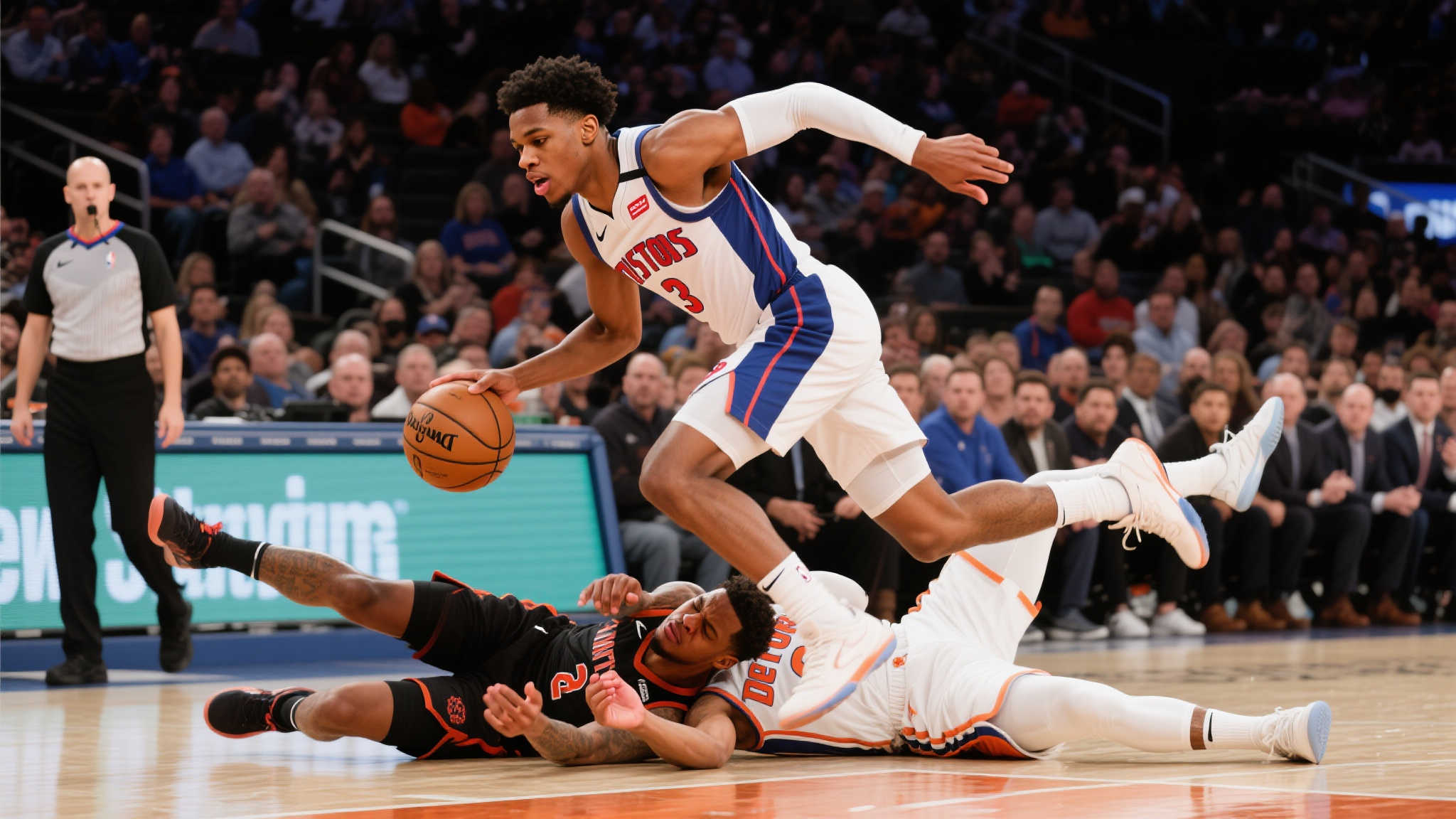 马瑟林持球发起突破,空中与多尔特碰撞重摔地板 在激烈的篮球比赛中,瞬间的对抗往往成为关键时刻,引